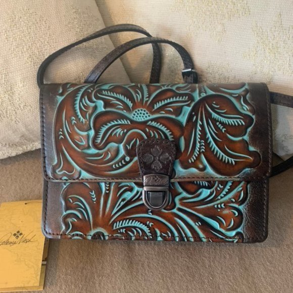 Patricia Nash Locri turquoise brown tooled leather crossbody bag - Picture 1 of 4